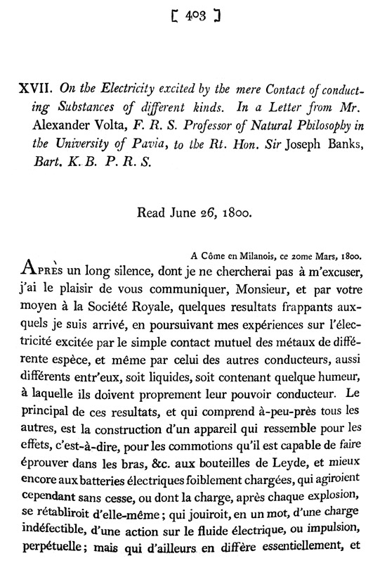 L'invenzione della pila - 1800